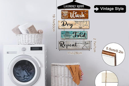 5 Pieces Laundry Room Wall Sign Rustic Laundry Room Rules Hanging Sign Wooden Wash Dry Fold Repeat Laundry Plaque Vintage Farmhouse Laundry Rules Wall Decor 19.7 X 11 Inch (Multicolored Backing)