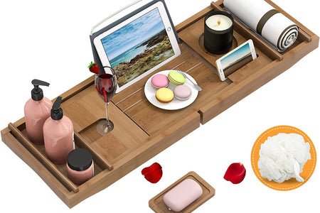 Bathtub Caddy Tray Expandable Bamboo Bath Tub Tray for Luxury Bath with Book Holder Free Soap Dish Brown