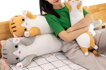 Cute Cat Plush Long Body Pillow Cuddle Cartoon Stuffed Animals Cat Plushie Soft Doll Pillows Gifts for Kids Girls (Orange, 19")