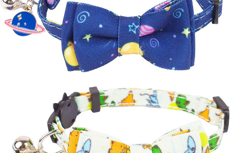 Cat Collar Breakaway with Cute Bow Tie Bell - 2 Pack Kitten Collar with Removable Bowtie Universe Dinosaur Pattern Cat Bowtie Collar for Cat Kitten (Dinosaur & Universe)