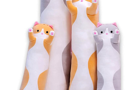 Cute Cat Plush Long Body Pillow Cuddle Cartoon Stuffed Animals Cat Plushie Soft Doll Pillows Gifts for Kids Girls (Orange, 19")