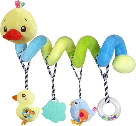 Car Seat Toys, Baby Activity Spiral Plush Toys for Stroller Bar Accessories, Crib Toys with Bell for Boy or Girl, Hangings Rattle Toy with Squeaky (Yellow-Duck)