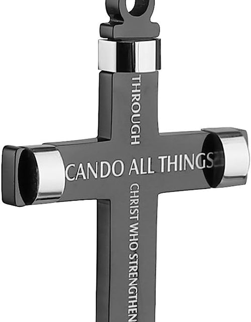 Load image into Gallery viewer, Philippians 4:13 Cross Pendant STRENGTH Bible Verse Stainless Steel Necklace 3 Colors Available
