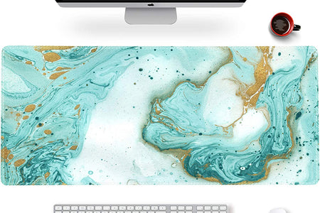 Extended Gaming Mouse Pad XXL  Large Keyboard Mat Long Mousepad Desk Decor Writing Pad Non Slip Rubber Base Stitched Edges for Work, Game, Office, Home, 35.1 X 15.7 In, Teal Turqoise Marble
