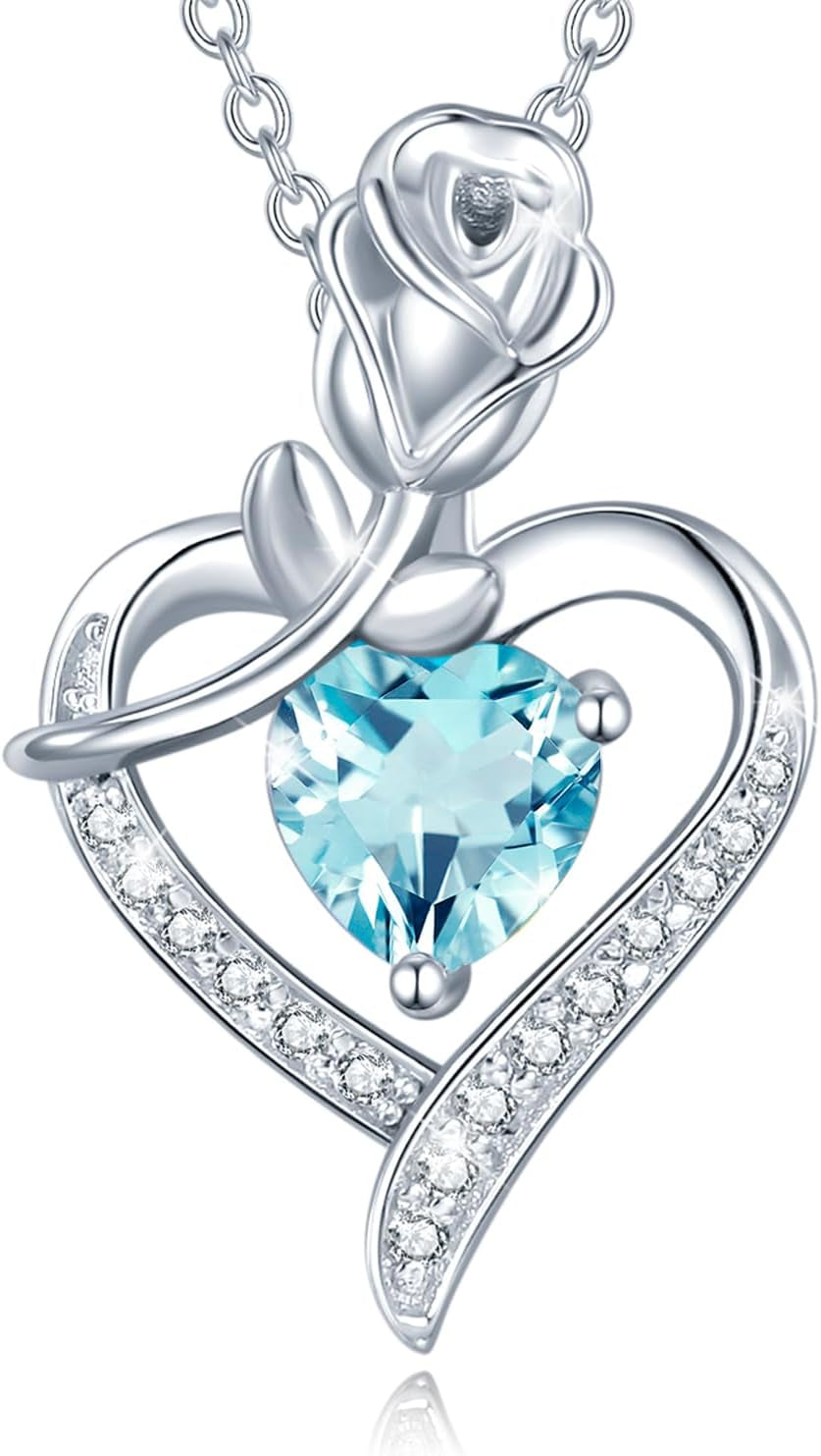 Fine Jewelry Valentines Day Gifts for Her Birthstone Necklace for Women Sterling Silver Genuine or Created Gemstone Rose Flower Heart Pendant Necklace Anniversary Birthday Gifts for Girls Wife Mom