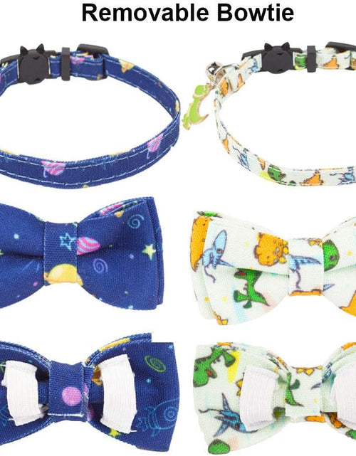 Load image into Gallery viewer, Cat Collar Breakaway with Cute Bow Tie Bell - 2 Pack Kitten Collar with Removable Bowtie Universe Dinosaur Pattern Cat Bowtie Collar for Cat Kitten (Dinosaur &amp; Universe)
