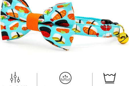 Sushi Cat Collar Bow Tie, Breakaway Safety Plastic Buckle, Bowtie Collar for Kitten (6"-10")