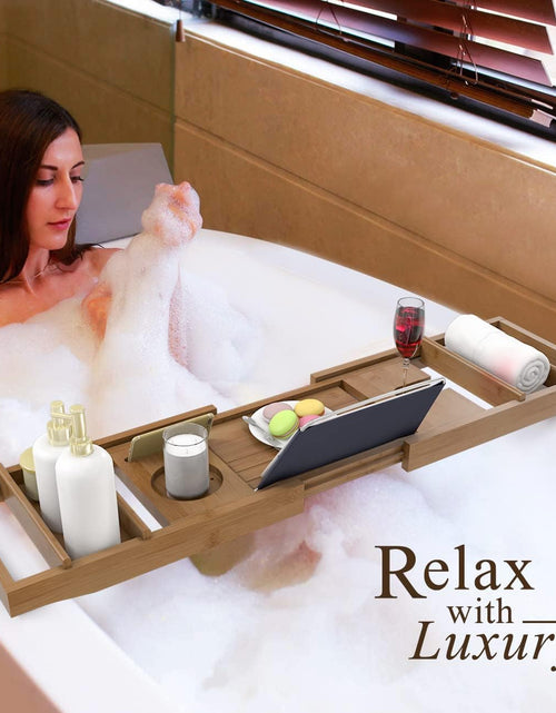 Load image into Gallery viewer, Bathtub Caddy Tray Expandable Bamboo Bath Tub Tray for Luxury Bath with Book Holder Free Soap Dish Brown
