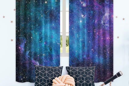 Kids Galaxy Outer Space Nebula Curtains 42W X 63L Inch Rod Pocket Blue Universe Planets Boys Girls Constellation Fantasy Starry Stars Trippy Bedroom Living Room Window Drapes Fabric 2 Panels
