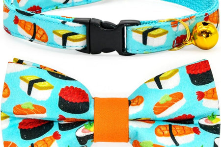Sushi Cat Collar Bow Tie, Breakaway Safety Plastic Buckle, Bowtie Collar for Kitten (6"-10")
