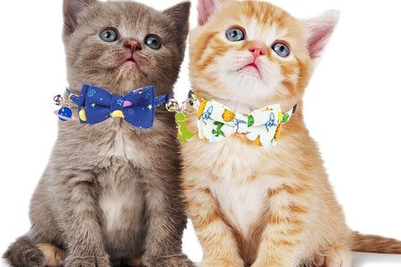 Cat Collar Breakaway with Cute Bow Tie Bell - 2 Pack Kitten Collar with Removable Bowtie Universe Dinosaur Pattern Cat Bowtie Collar for Cat Kitten (Dinosaur & Universe)