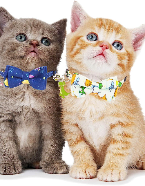 Load image into Gallery viewer, Cat Collar Breakaway with Cute Bow Tie Bell - 2 Pack Kitten Collar with Removable Bowtie Universe Dinosaur Pattern Cat Bowtie Collar for Cat Kitten (Dinosaur &amp; Universe)
